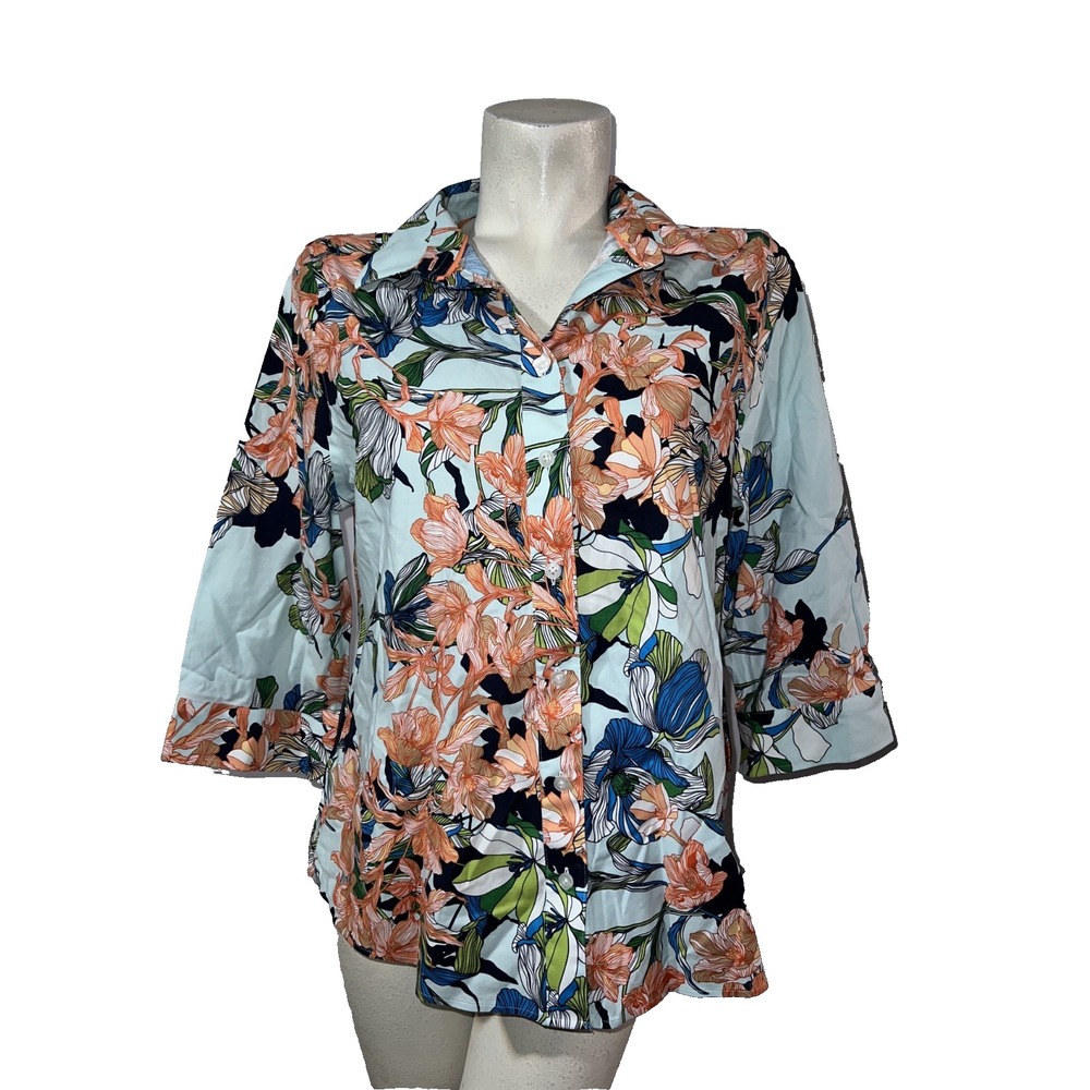 Chicos No Iron Stretch Floral Button Down Shirt Blue Orange 3/4 Sleeve Size 2‎ L